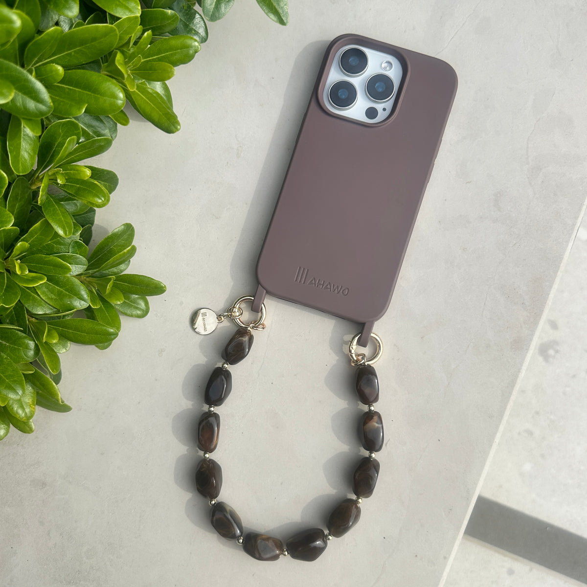 Short Stone Phone Strap Brown