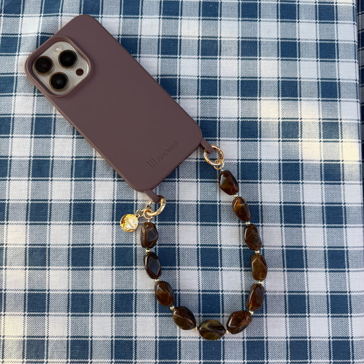 Short Stone Phone Strap Brown