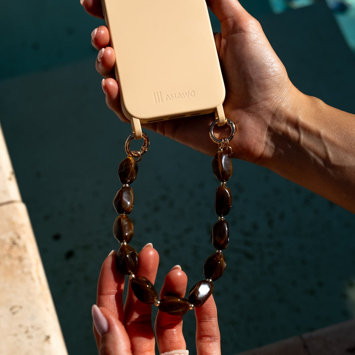 Short Stone Phone Strap Brown
